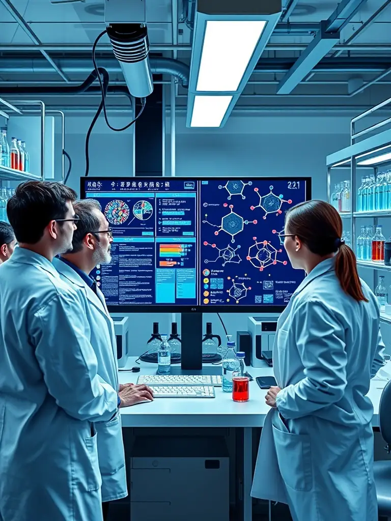An image of Zhongke Kaiser's AI-based drug discovery platform, illustrating the process of identifying potential drug candidates and accelerating the development of new treatments in a research lab.