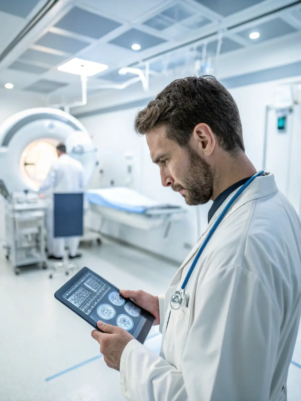 A high-resolution image of a doctor using Zhongke Kaiser's AI-powered diagnostic tool on a patient's X-ray, highlighting the speed and accuracy of the diagnosis in a hospital setting.