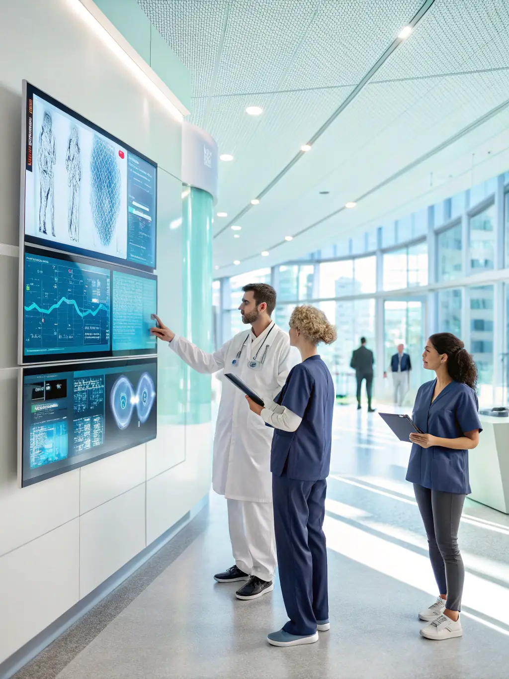 A depiction of an AI-driven system optimizing hospital workflows and resource allocation, improving operational efficiency and patient satisfaction.