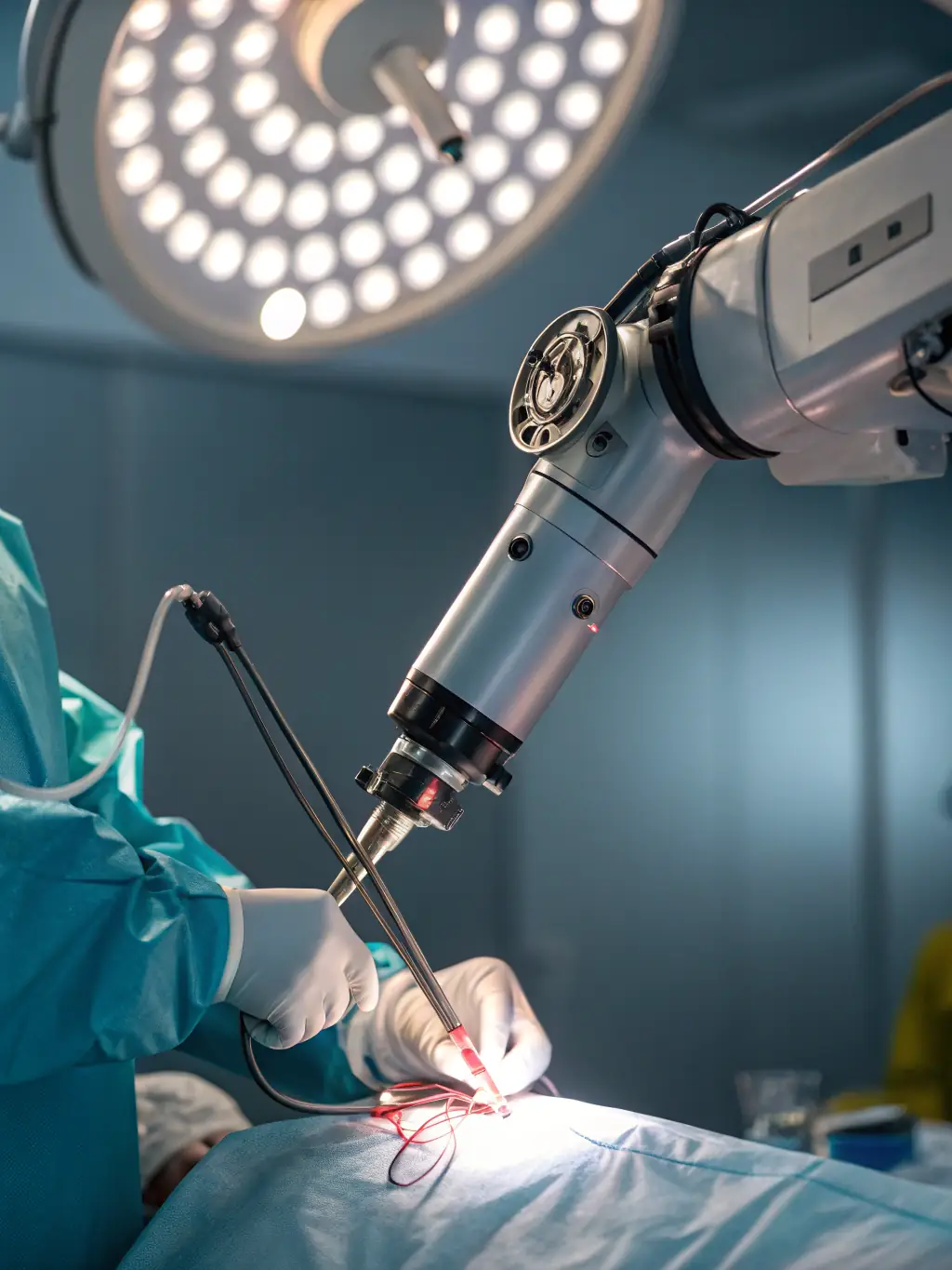 A detailed image showcasing Zhongke Kaiser's AI-powered surgical assistance robot performing a minimally invasive procedure with enhanced precision and control in an operating room.